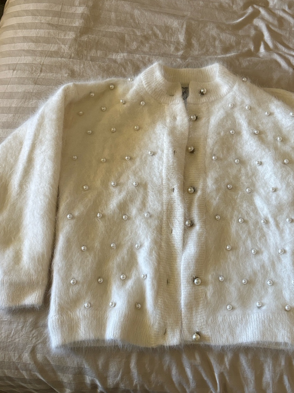 Pearl-Embellished White Angora Cardigan